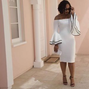 White Bell Sleeve Midi Dress with Black Details